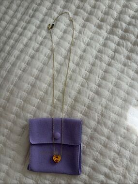 Melinda Maria Gold Heart Necklace with Amber Pendant and Purple Pouch